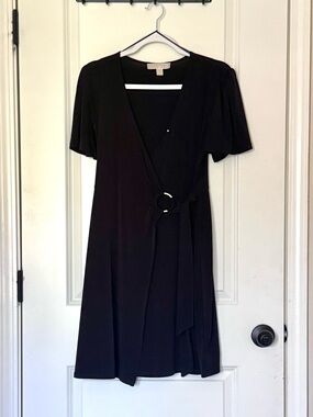 Michael Kors Black Midi Wrap Dress with Ring Detail